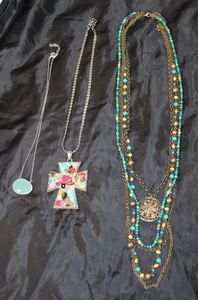 lot 65 image: Three (3) Fashion Jewelry Necklaces as Pictured, Teal Sea Foam Pendant, Sea Glass, Natural Stone Filled Bezel Cross Pendant, Vintage Multi Strand Beaded  Boho Necklace, Turquoise And  Wooden Beads