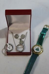 lot 93 image: Jewelry Set Gift Ready, Earrings, Necklaces and a Ring Size 9 and a Christmas Tree Watch
