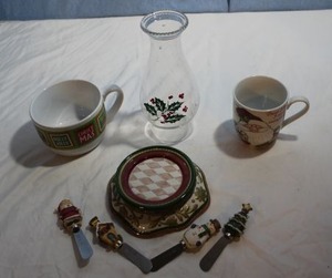 lot 109 image: Candle Holder Fitz and Floyd and Coffee Cup, Oversized Coffee Cup Christmas Jam Spreaders and Hurricane Glass Painted for Christmas
