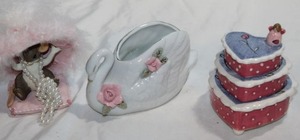 lot 110 image: Heart Trinket Box Each Layer opens, Promise of a Cure Collections, Hats off to a Cure and a Swan Trinket Dish