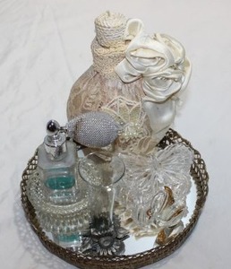 lot 112 image: Vanity Tray and Crystal Butterfly Trinket Dish, Crystal and Gold Swan, Small Bud Vase, Etc. Shimmer Powder and Decorative Bottle