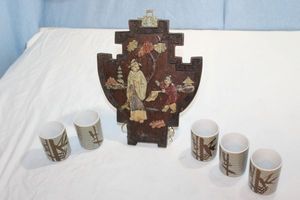 lot 120 image: Rare Vtg Asian wall Plaque and Five (5) Asian Tea Cups