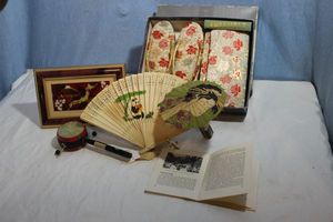 lot 121 image: Asian Inspired Lot, Authentic Shoes and Purse from Japan, along with a Fan and Sight Seeing book