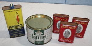 lot 122 image: Vintage Tins, Ronsonol, Three (3) Prince Albert and Hubs Peanuts