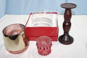 lot 145 image: Home Dcor Pieces, Including Large and Small Candle Holders Pillar Candle Holder and a Beautiful Etched Glass Bowl