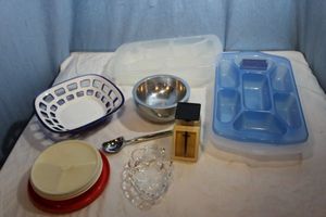 lot 161 image: Thick Metal Decorative Bowl, Staines Steele Ice Cream Scoop, Grape Shaped Glass Dish and Blue and White Bowl by Guzzini and More