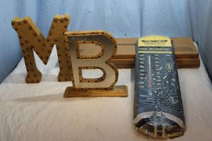 lot 163 image: Decorative Letters M & B and Three (3) Monroe Auto Parts Thermometers in Original Boxes