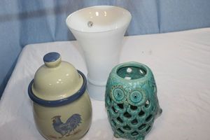 lot 196 image: Rooster Canister, White Glass Vase and Ceramic Glazed Owl Candle Holder