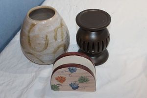 lot 197 image: Ceramic Glazed Flower Pot, Pillar Candle Holder and Glazed Cerami Decroative Napking Holder