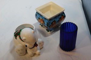 lot 198 image: Glazed Ceramic Polar Bear and Glazed Ceramic Square Containers from  TelaFloral and Colbalt Blue Glass Candle Holder