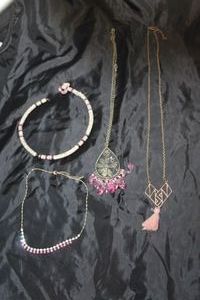 lot 200 image: Beaded Choker Necklace, Simulated Diamonds and Pink Topaz Necklace,  Peacock Pendant the Simulated Pink Topaz and Pink Beads,  and Necklace with Pendant with Pink Tassel