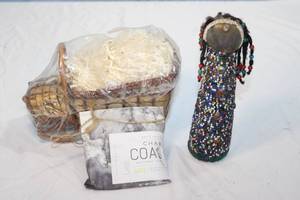 lot 202 image: Beaded African American Doll, Basket and Bath Salts