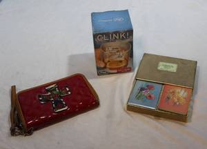 lot 212 image: Ladies Wallet, Clink Drinking Game Glass and Congress Playing Cards