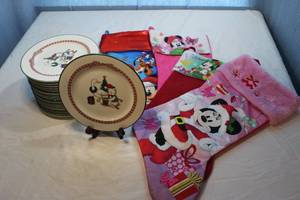 lot 246 image: Set of Sixteen (16) Anchor Hocking Christmas Holiday Memmories Salad Or Dessert Plates and Four (4) Mickey and Minnie Mouse Stockings