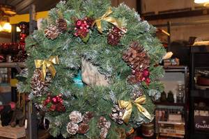 lot 260 image: Christmas Wreath with Gold Ribbon, Pinecones and Red Berries Approx 22