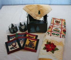 lot 307 image: Christmas Metal Basket,Matching Candle Holders,  Hand Towels and Cloth Coasters