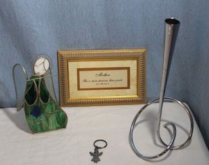 lot 334 image: Stained Glass Angel Candle Holder, Angel Keychain, Black & Blum Flower Loop Vase
