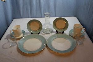 lot 343 image: Lifetime China Co Semi Vitreous, Gold Crown, Made in Alliance, Ohio, Place Settings for Two (2) Dinner Plates, Bread Plates, Saucers. Two (2) White Coffee Cups, Glass Wine Decanter, and Two (2) Juice Glasses