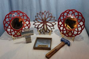 lot 369 image: Honey Do List, This is Our Story Wall Decor Decorative Cross and Red Wall Mirrors and More
