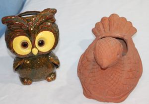 lot 371 image: Vintage Glazed Decorative Owl and Terra Cotta Pheasant Planter