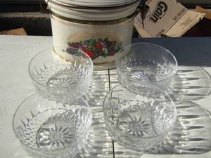 lot 83 image: Ceramic canister with lid- fruit and leaf dcor, 4 crystal dessert bowls
