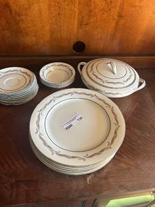 lot 139 image: NORITAKE  Gaylord dishes- 6 dinner plates- covered casserole dish- 3 dessert bowls- 8 cup saucers
