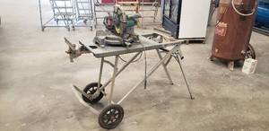 lot 167 image: Ridgid MS-UV Rolling Collapsible Miter Saw Stand w Hitachi 10 Compond Miter Saw