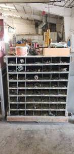 lot 235 image: Metal Rolling 56-Bin Parts Cabinet, Double Sided & Includes All Contents In and On the Cabinet