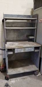 lot 283 image: Rolling Metal Shop Desk w Drawer and Shelving