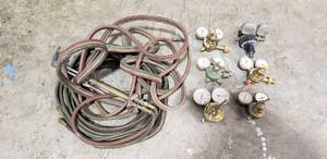 lot 296 image: Lot of 6 Welding Gauges & Hose w Cutting Torch