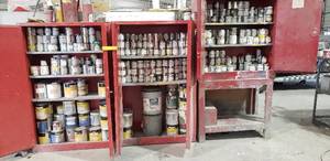 lot 299 image: Large Quantity of Automotive Paints.  SHELVING NOT INCLUDED.  This is THOUSANDS of $ worth of paint