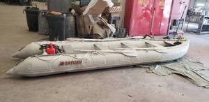 lot 96 image: LIKE NEW Saturn 15 Inflatable Boat w Pump, Carry Assist & Storage Bag