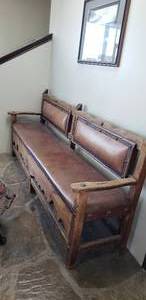 lot 377 image: Long Wood & Leather Rustic Bench Seat