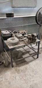 lot 180 image: Metal Shop Table w Workforce 5 Bench Vise & Contents