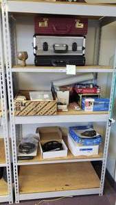 lot 386 image: Metal Shelf w Contents.  Briefcases, Wiring Harnesses & Office Supplies.  Buyer takes all.