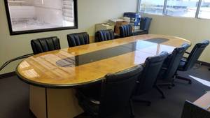 lot 411 image: 13 Solid Wood Top Conference Table & 8 Leather Chairs