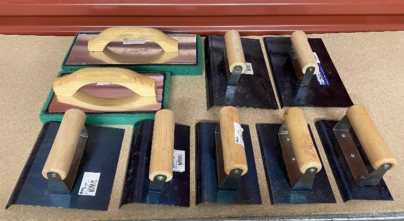 lot 85 image: Lot of 9 - Bon Tool Co. Blue Steel Edgers & Swiss Cheese Float In Sizes - As Shown