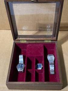 lot 116 image: Musical Wooden Jewelry Box with Watches for Repair As Shown For Repair Or Parts
