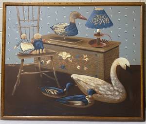 lot 152 image: Huntington FOLK ART Framed Artwork Oil Painting Large & Signed 46 34 x 38 34 x 1 12 - In Condition As Shown Retail $$$