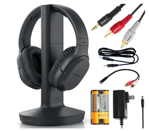lot 289 image: New SONY Wireless Headphones for TV Watching (WHRF400R) with Transmitter Dock (TMRRF400)  6-ft 3.5mm Stereo  NeeGo RCA Plug Y-Adapter - In Condition As Shown