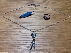 lot 14 image: Sterling Silver and Turquoise Bear Paw Indian Pendant &amp Necklace W Pin &amp Ring