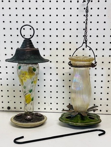 lot 21 image: Two (2) Vintage Brass &amp Ceramic BirdHummingbird Feeders