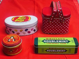 lot 52 image: Four (4) Collector Tins - Including Wrigleys Doublemint Gum, Sweet Georgia Brown Hair Dressing Pomade, &amp Jelly Belly