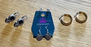 lot 129 image: Four Sets of Earrings - Including Premier Design Silver HeartFleur de Lis Drop Pierced Earrings with Black Stone &amp Silver Heart