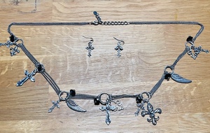 lot 263 image: Vintage Cross, Angels Wings, &amp Fleur De Lis Three Strand Necklace W Cross Earringsl