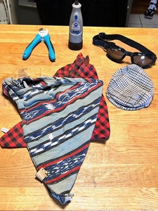 lot 168 image: Doggy Panchos, Riding Goggles &amp Hat, Nail Clippers, and PediPaw Dremel Tool Model 7300PT