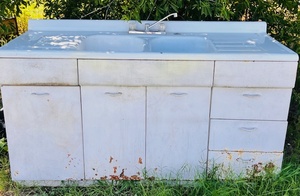 lot 150 image: Vintage Farmhouse All Metal Double Sink and Cabinets