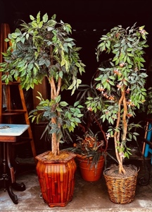 lot 100 image: Three (3) Faux Trees andor Plants in Awesome Bamboo, Terre Cotta, or Wicker Planters