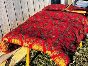 lot 180 image: ELEGANT CROSCILL HOME RED  GOLD DAMASK JACQUARD KING SIZED COMFORTER &amp FOUR PILLOW SHAMS $$$