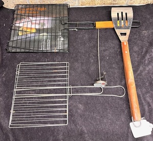 lot 280 image: New Triple Fish Basket, Long-Handled Grilling Spatula, Bayou Classic Grilling Thermometer, &amp Additional Grilling Basket